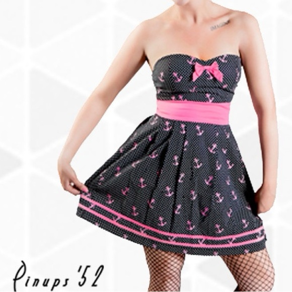 Sourpuss Dresses & Skirts - Sourpuss black & pink polka dot sailor mini rockabilly pinup sleeveless dress